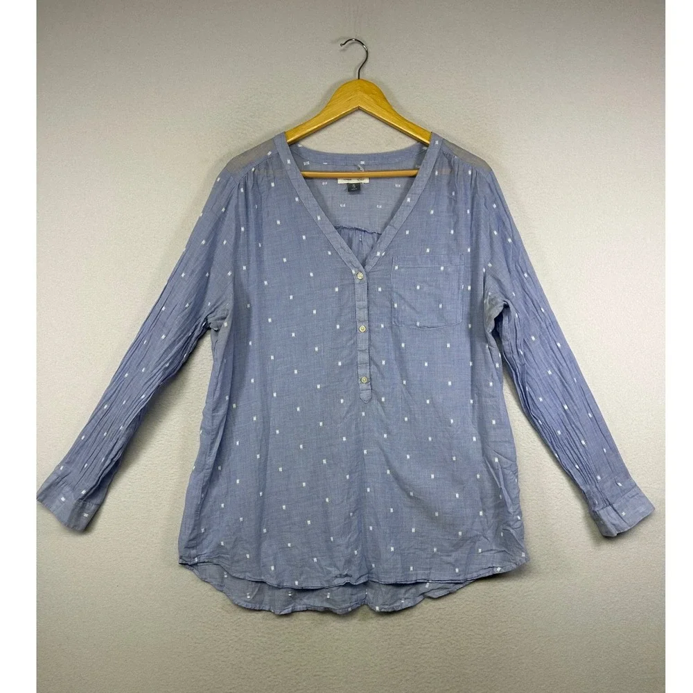 Boho Coastal Old Navy Womens XL Blue Clip Dot Henley V-Neck Cotton Tunic‎ Top